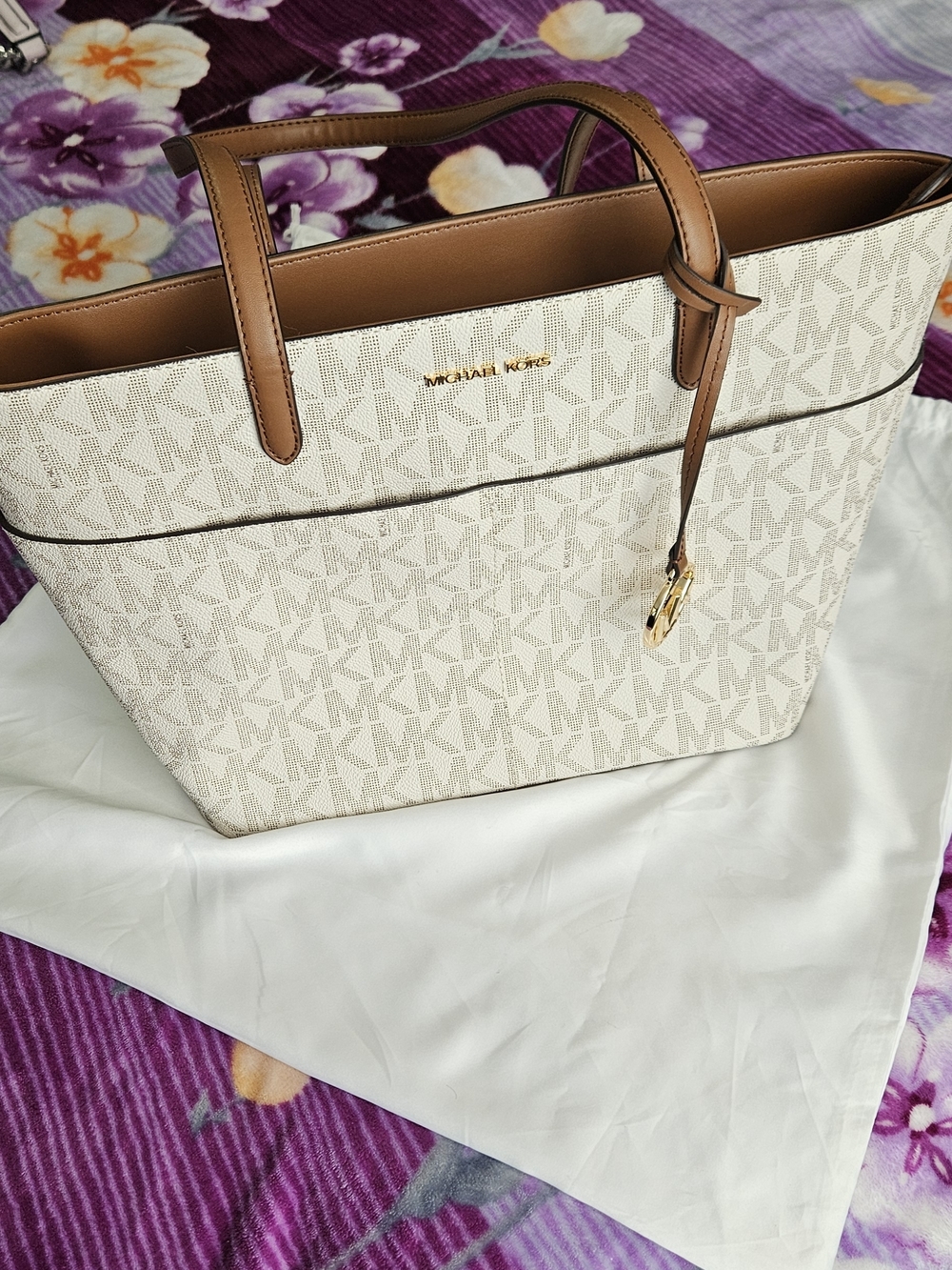 Michael Kors Cream Signature Tote with Brown Trim